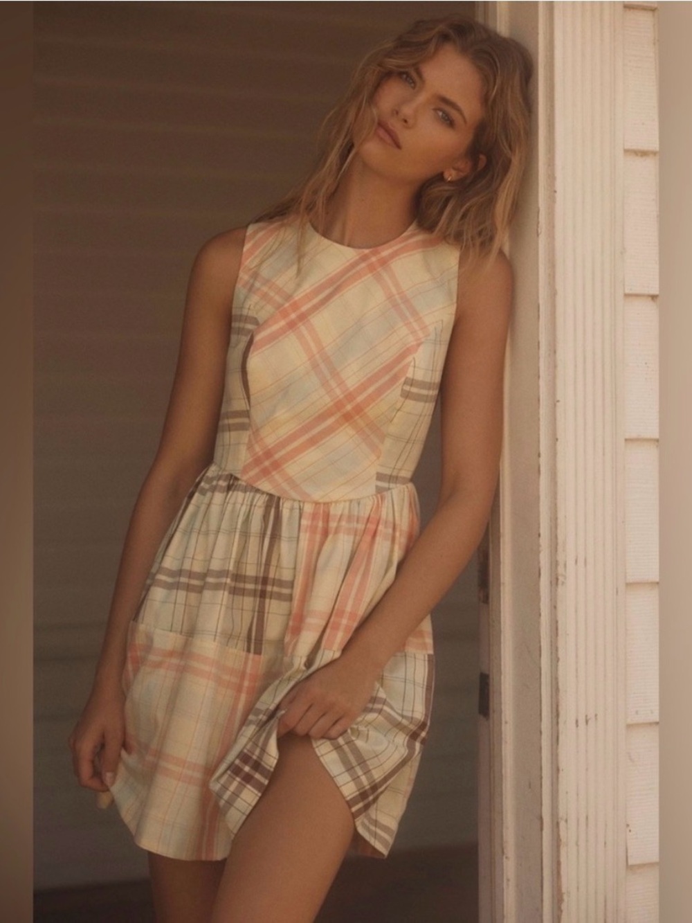 NWT Anthropologie LyreBird Plaid Mini Dress Large Yellow Pastel Open Back Cotton